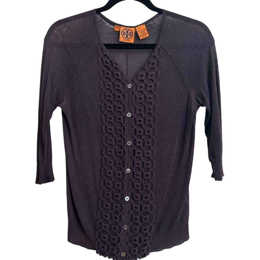 Tory Burch Silk‎ Cashmere Blend Crochet Trim Cardigan - Gray - Size M